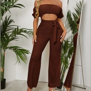SHEIN Chocolate Off-Shoulder Jumpsuit